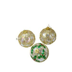 Large Glass Christmas Ornament Balls Gold Holly Lot of 3 92841